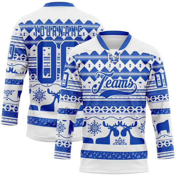 Custom White Thunder Blue-White 3D Christmas Ugly Sweater Hockey Lace Neck Jersey