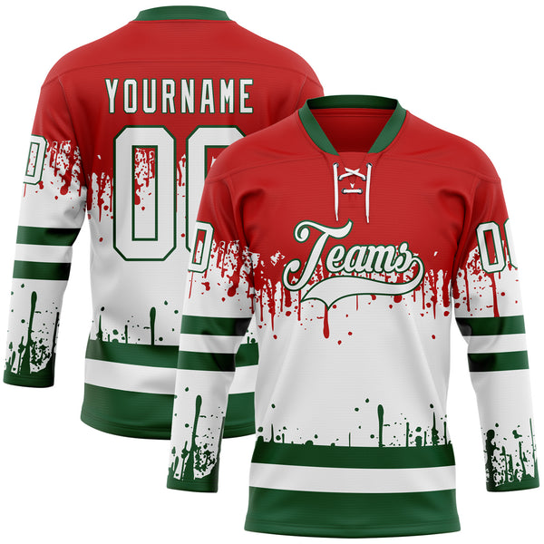 Custom Red White-Green Abstract Splatter Paint Mexico Christmas Hockey Lace Neck Jersey