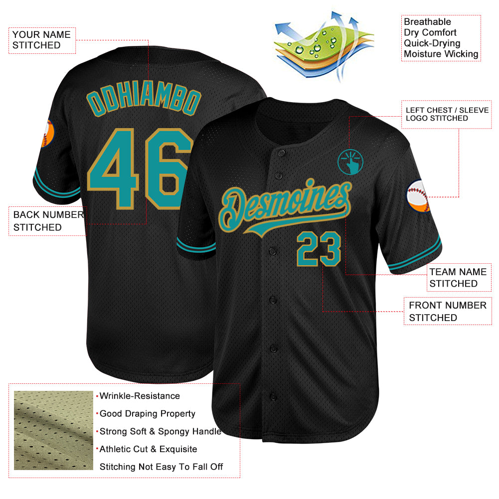 Custom Black Teal-Old Gold Mesh Authentic Throwback Baseball Jersey