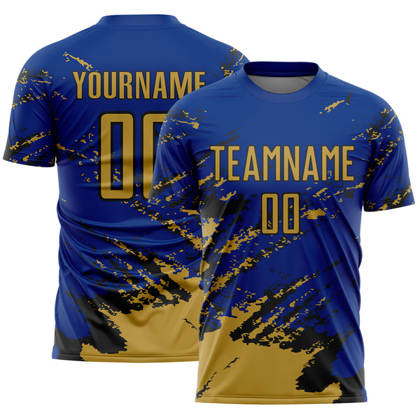 Custom Royal Old Gold-Black Abstract Fragment Art Splash Sports Sublimation Soccer Uniform Jersey