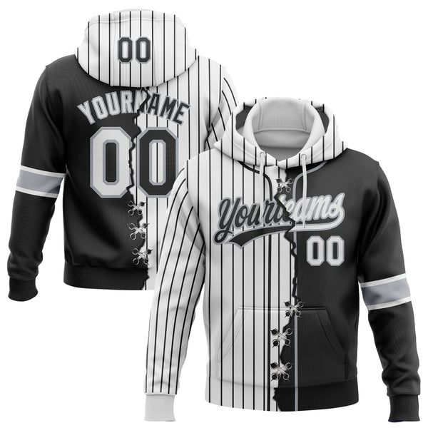Custom Black White-Gray Pinstripe Split Ripped Pattern Baseball Pullover Sweatshirt Hoodie