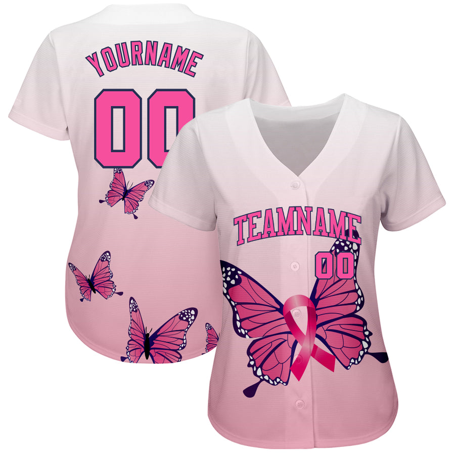 Custom 3D Pink Ribbon Breast Cancer Awareness Month With Butterflies Women Health Care Support Authentic Baseball Jersey