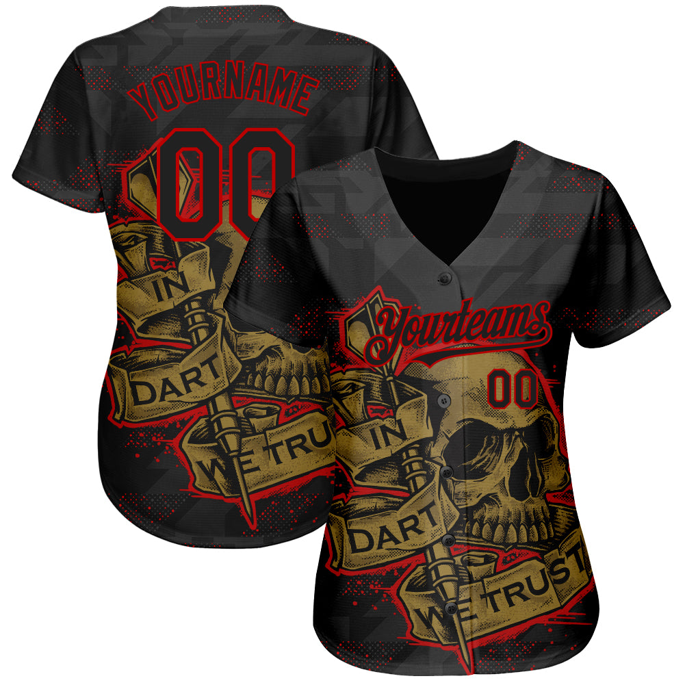 Custom Black Red-Old Gold 3D Pattern Design In Dart We Trust Authentic Baseball Jersey