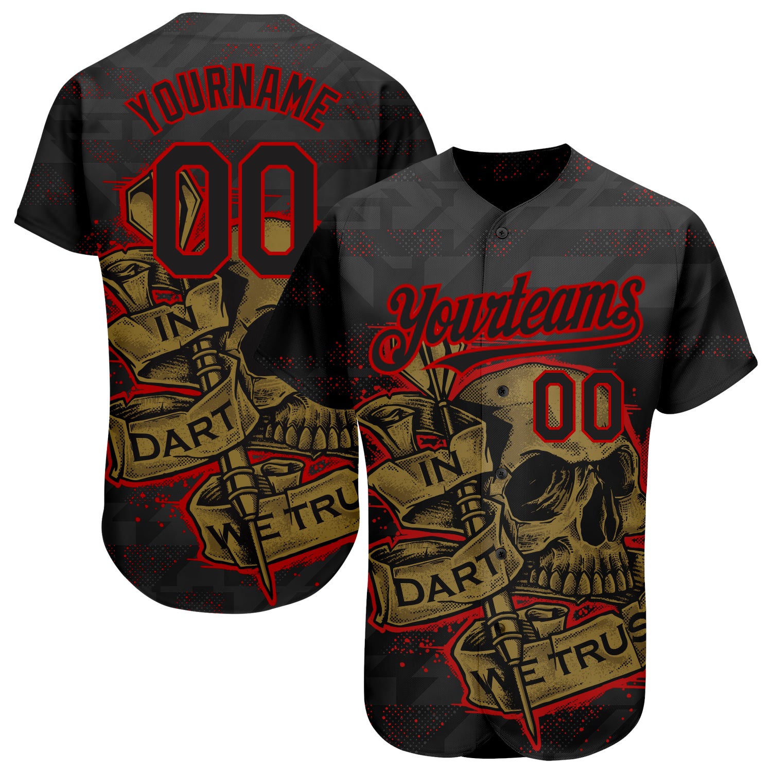 Custom Black Red-Old Gold 3D Pattern Design In Dart We Trust Authentic Baseball Jersey