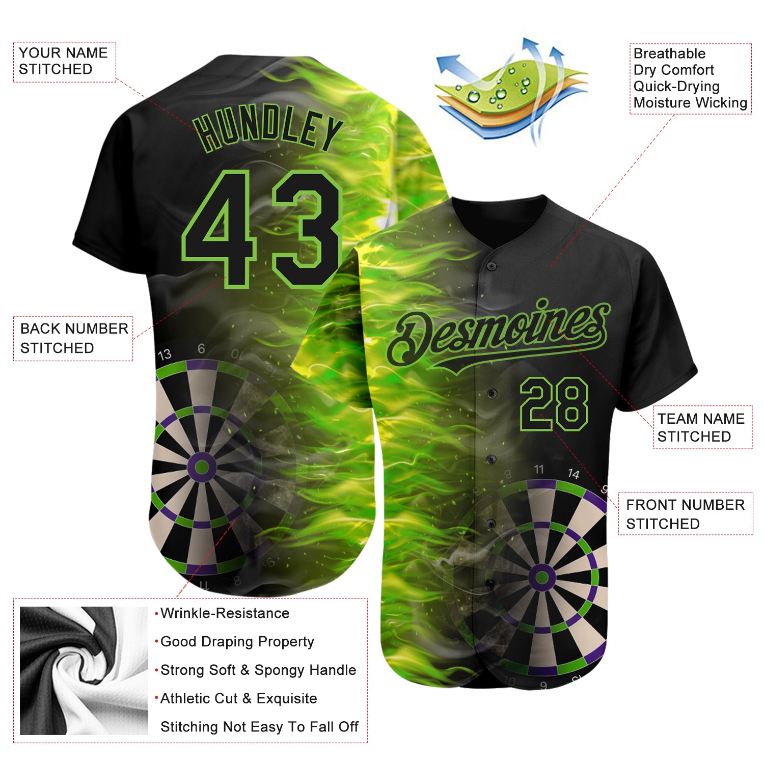 Custom Black Neon Green 3D Pattern Design Fiery Dart Board Authentic Baseball Jersey