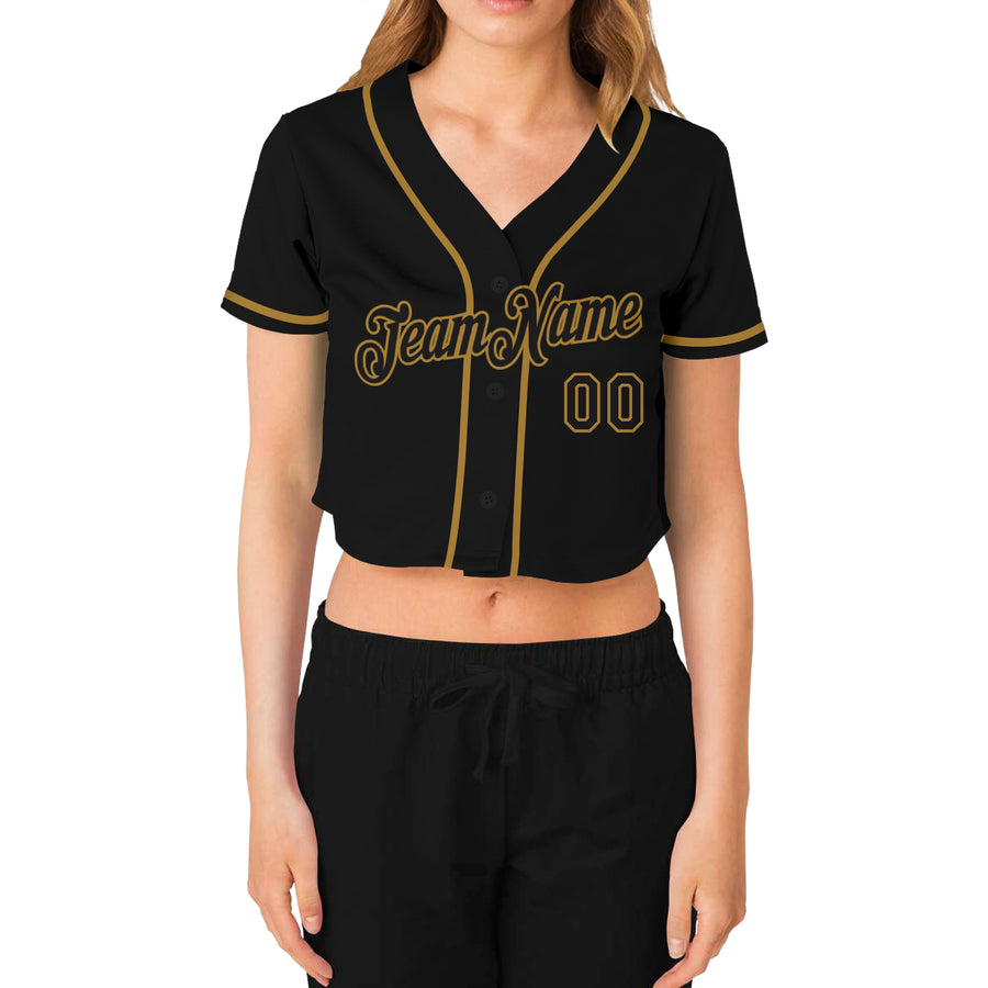 Custom Women's Black Black-Old Gold V-Neck Cropped Baseball Jersey