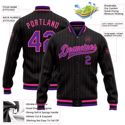 Custom Black Pink Pinstripe Purple Bomber Full-Snap Varsity Letterman Jacket