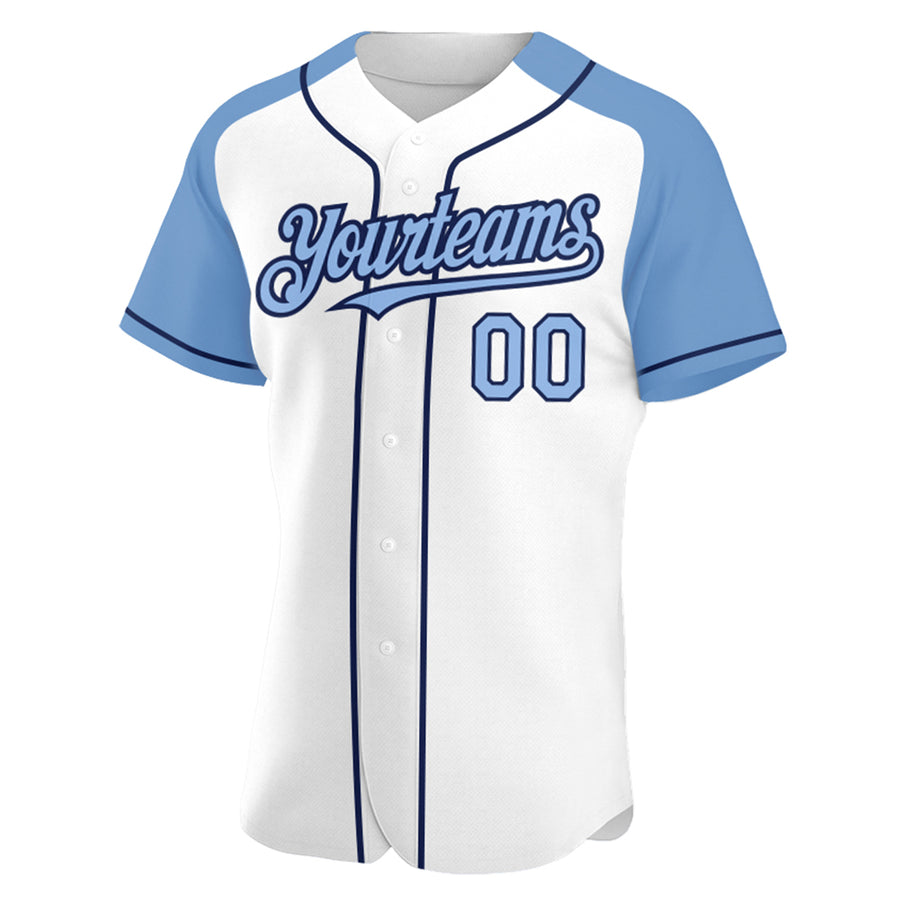 Custom White Light Blue-Navy Authentic Raglan Sleeves Baseball Jersey