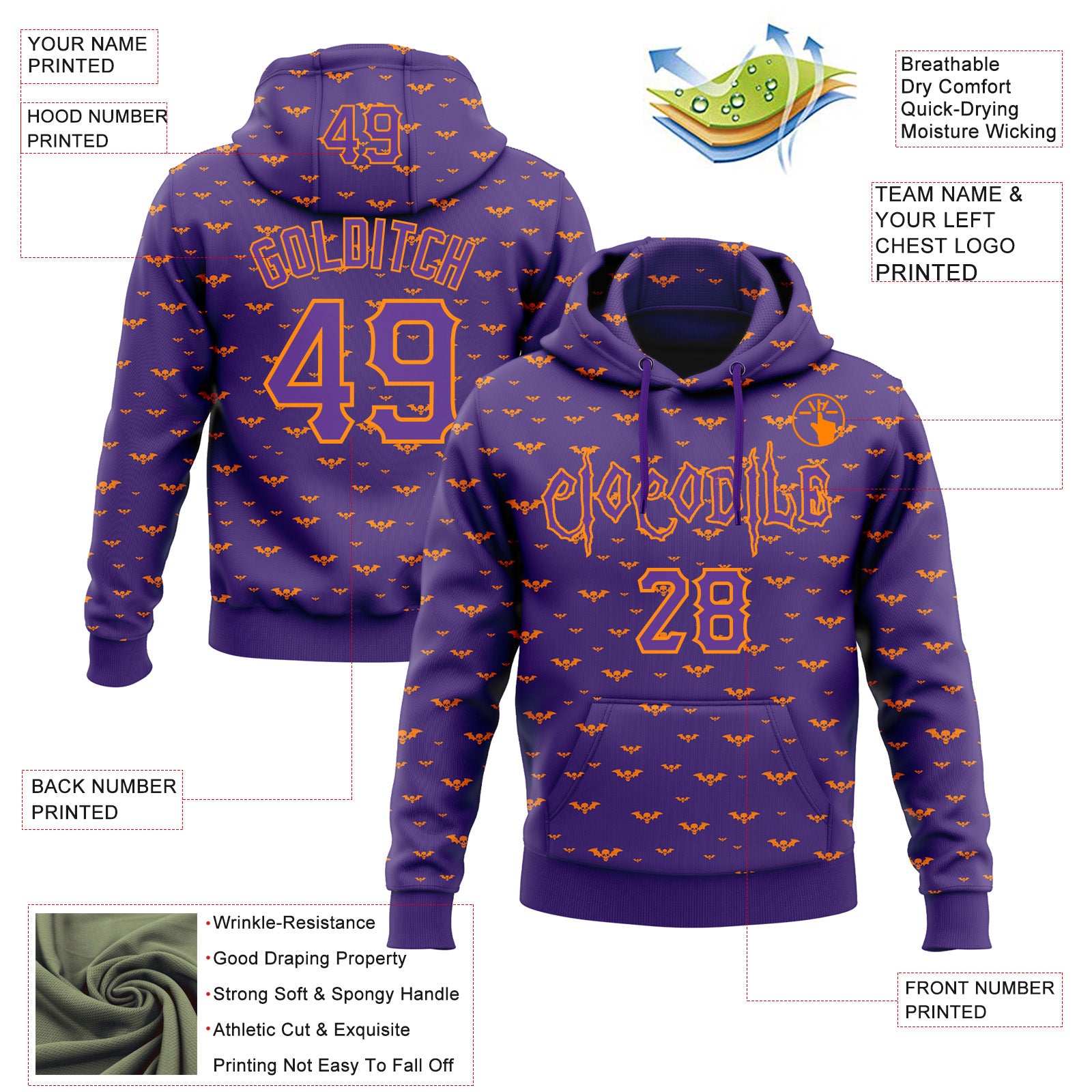 Custom Purple Bay Orange 3D Halloween Bat Skull Doodle Party Costume Ideas Sports Pullover Sweatshirt Hoodie