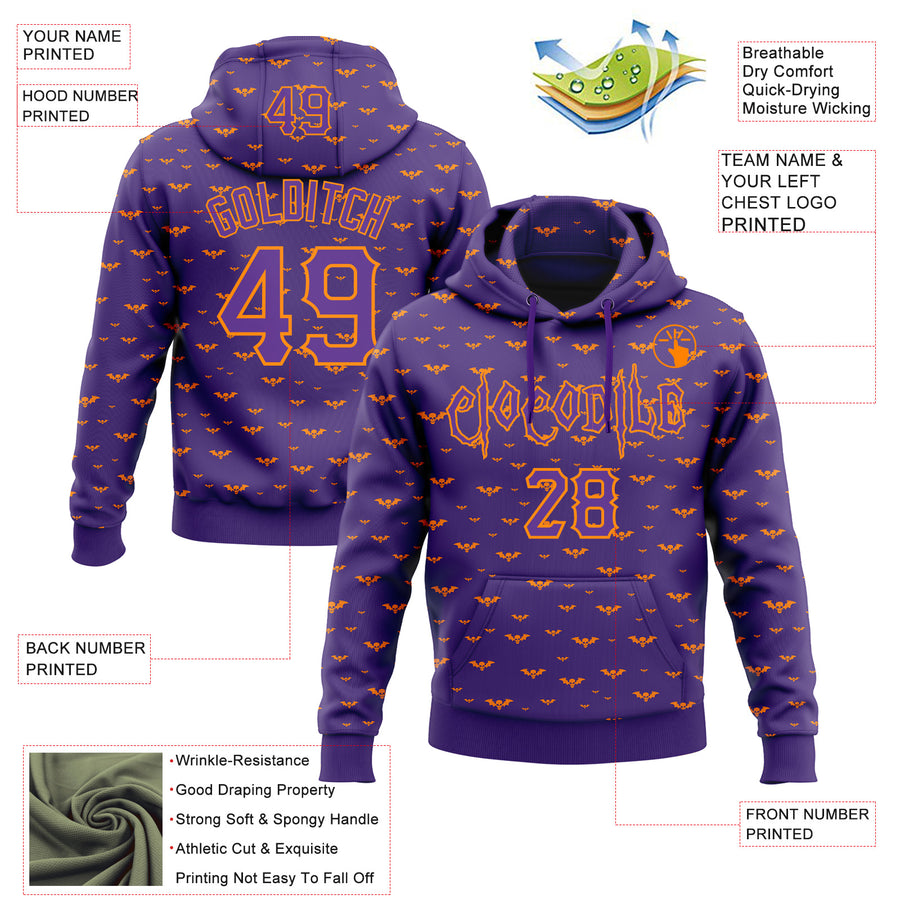 Custom Purple Bay Orange 3D Halloween Bat Skull Doodle Party Costume Ideas Sports Pullover Sweatshirt Hoodie