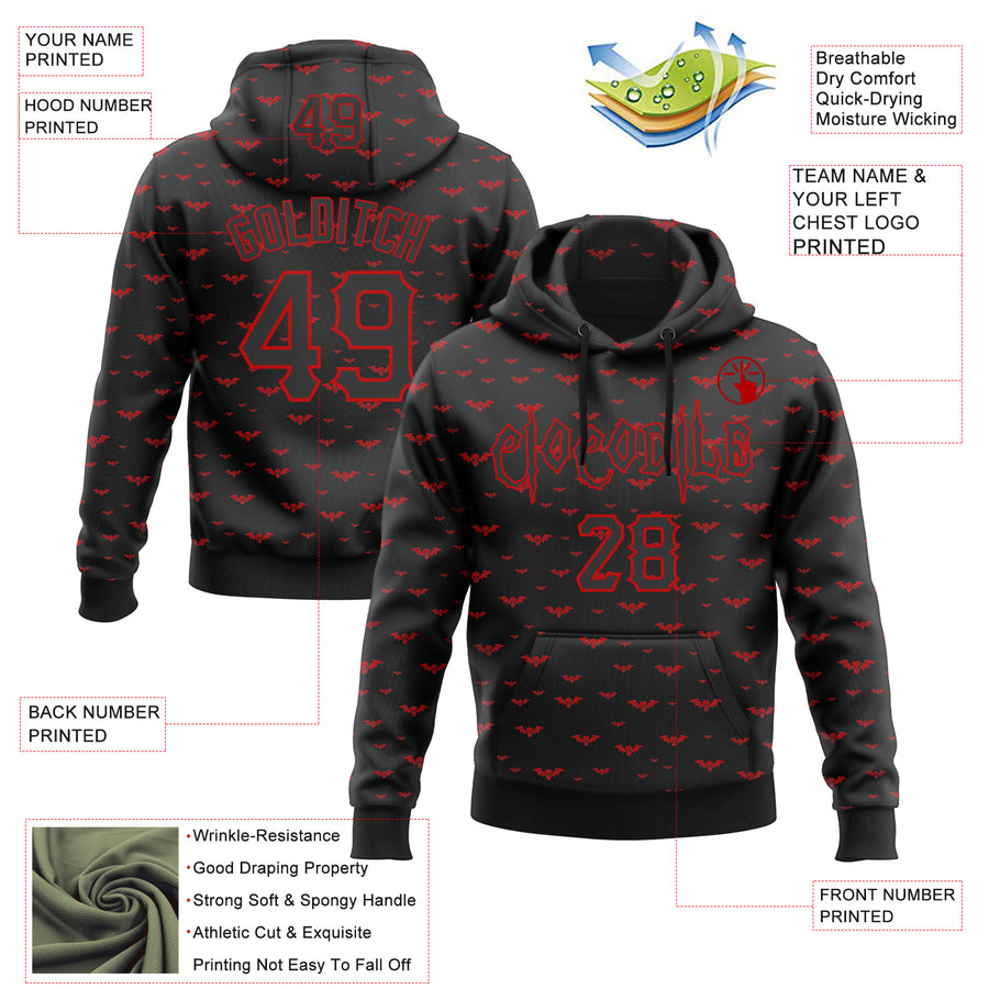 Custom Black Red 3D Halloween Bat Skull Doodle Party Costume Ideas Sports Pullover Sweatshirt Hoodie