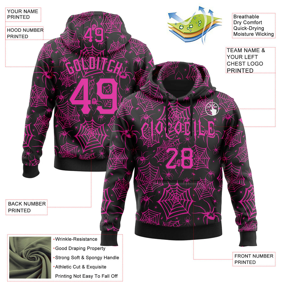 Custom Black Deep Pink 3D Halloween Spider Net Doodle Party Costume Ideas Sports Pullover Sweatshirt Hoodie