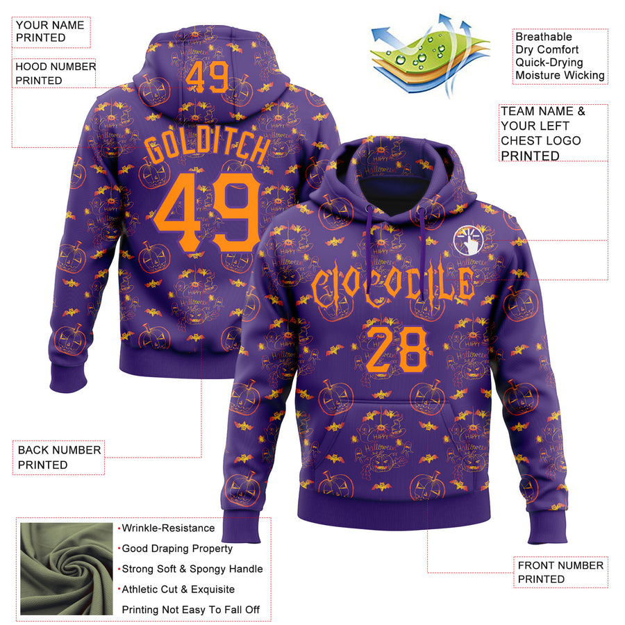 Custom Purple Bay Orange 3D Halloween Pumpkin Bat Doodle Party Costume Ideas Sports Pullover Sweatshirt Hoodie