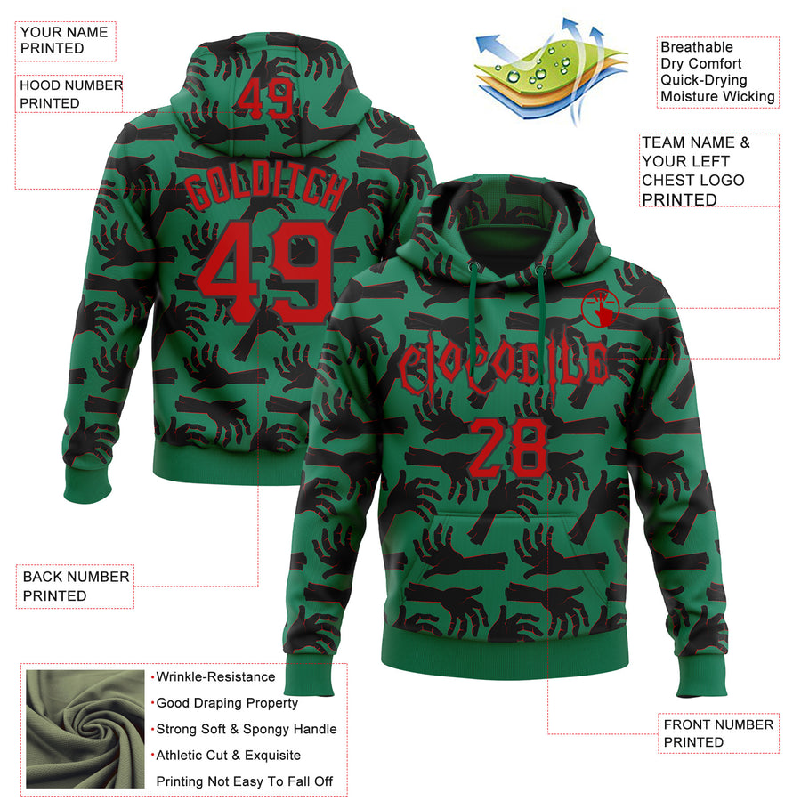 Custom Kelly Green Red-Black 3D Halloween Horror Night Trick Treat Party Costume Ideas Sports Pullover Sweatshirt Hoodie