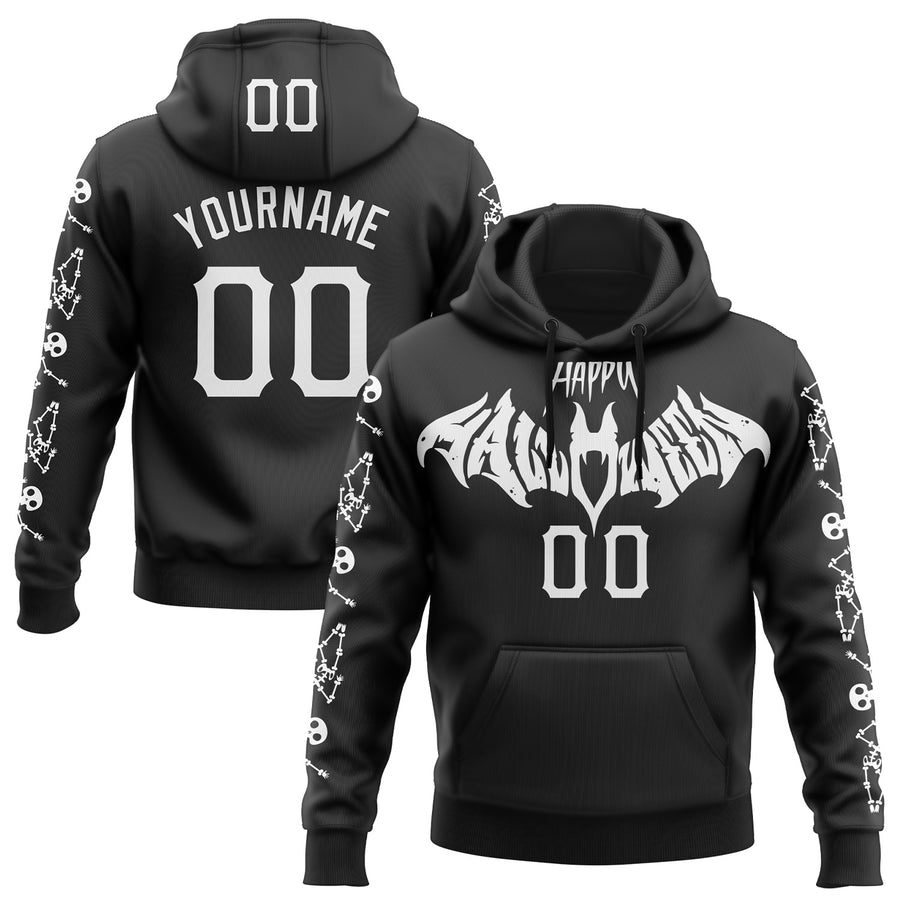 Custom Black White 3D Halloween Skeleton Bat Party Costume Ideas Sports Pullover Sweatshirt Hoodie