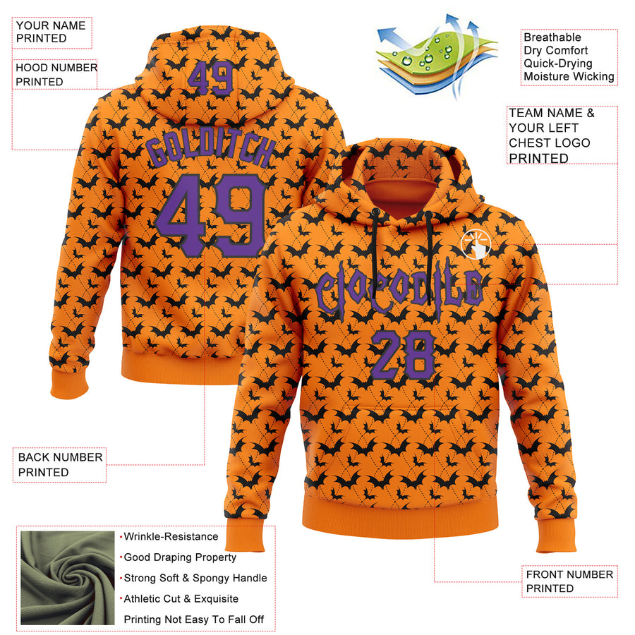 Custom Bay Orange Purple-Black 3D Halloween Bat Party Costume Ideas Sports Pullover Sweatshirt Hoodie