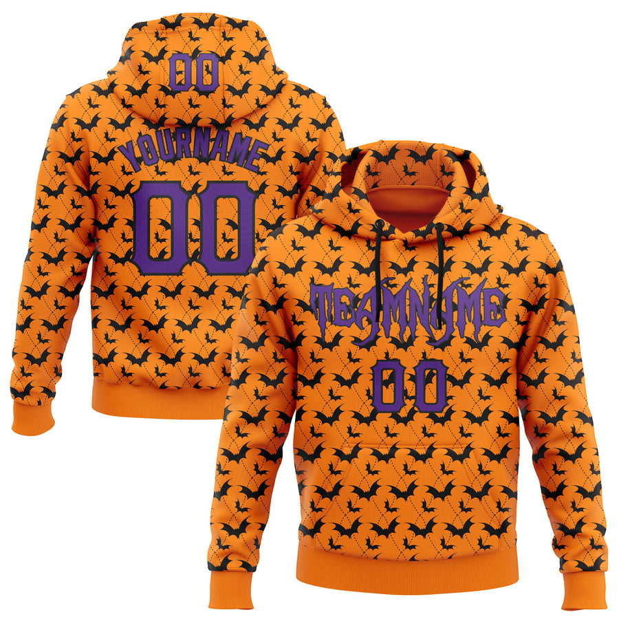 Custom Bay Orange Purple-Black 3D Halloween Bat Party Costume Ideas Sports Pullover Sweatshirt Hoodie