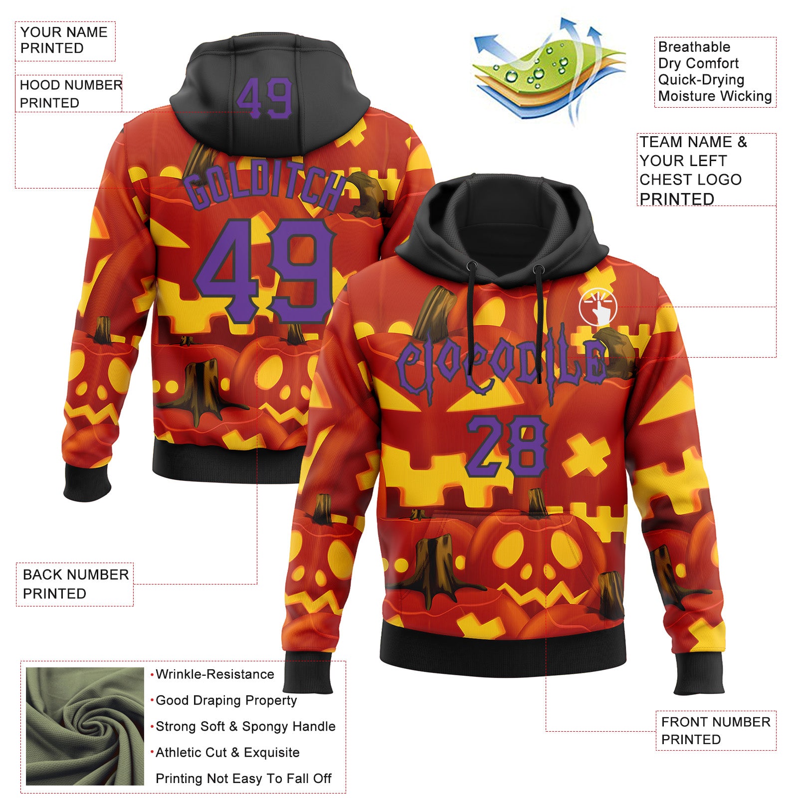 Custom Red Purple Yellow-Black 3D Halloween Pumpkin Party Costume Ideas Sports Pullover Sweatshirt Hoodie