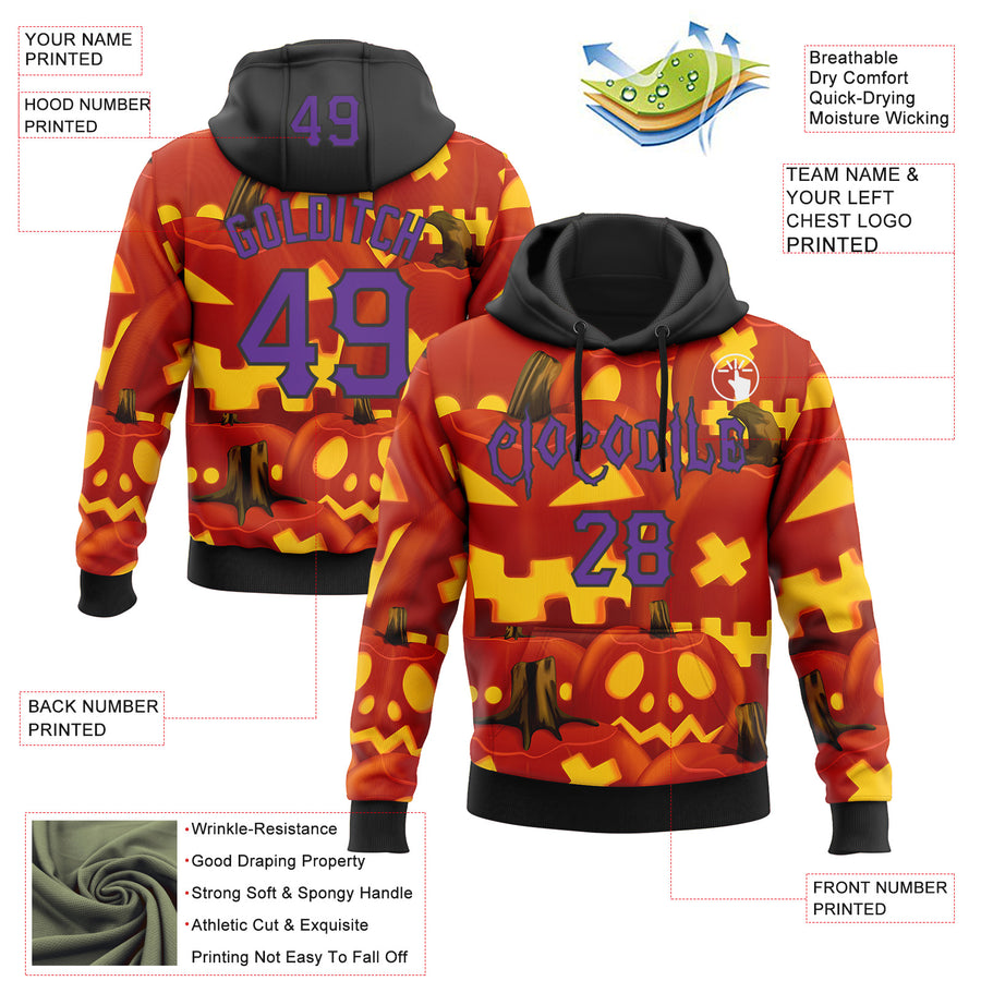 Custom Red Purple Yellow-Black 3D Halloween Pumpkin Party Costume Ideas Sports Pullover Sweatshirt Hoodie