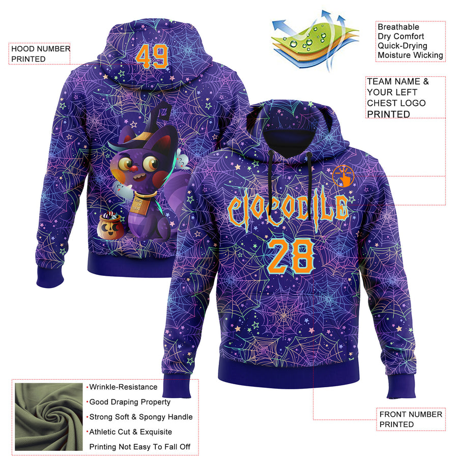 Custom Dark Purple Bay Orange-Ice Blue 3D Halloween Spider Net Horror Night Trick Treat Party Costume Ideas Sports Pullover Sweatshirt Hoodie