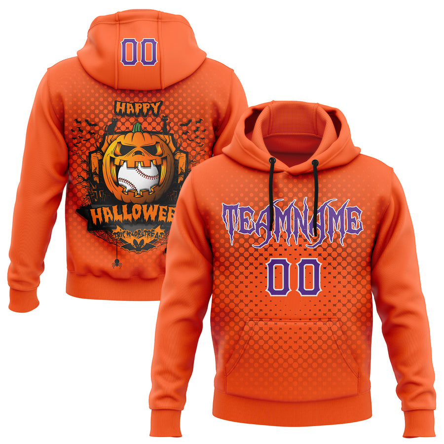 Custom Purple Orange-White 3D Halloween Pumpkin Doodle Party Costume Ideas Sports Pullover Sweatshirt Hoodie