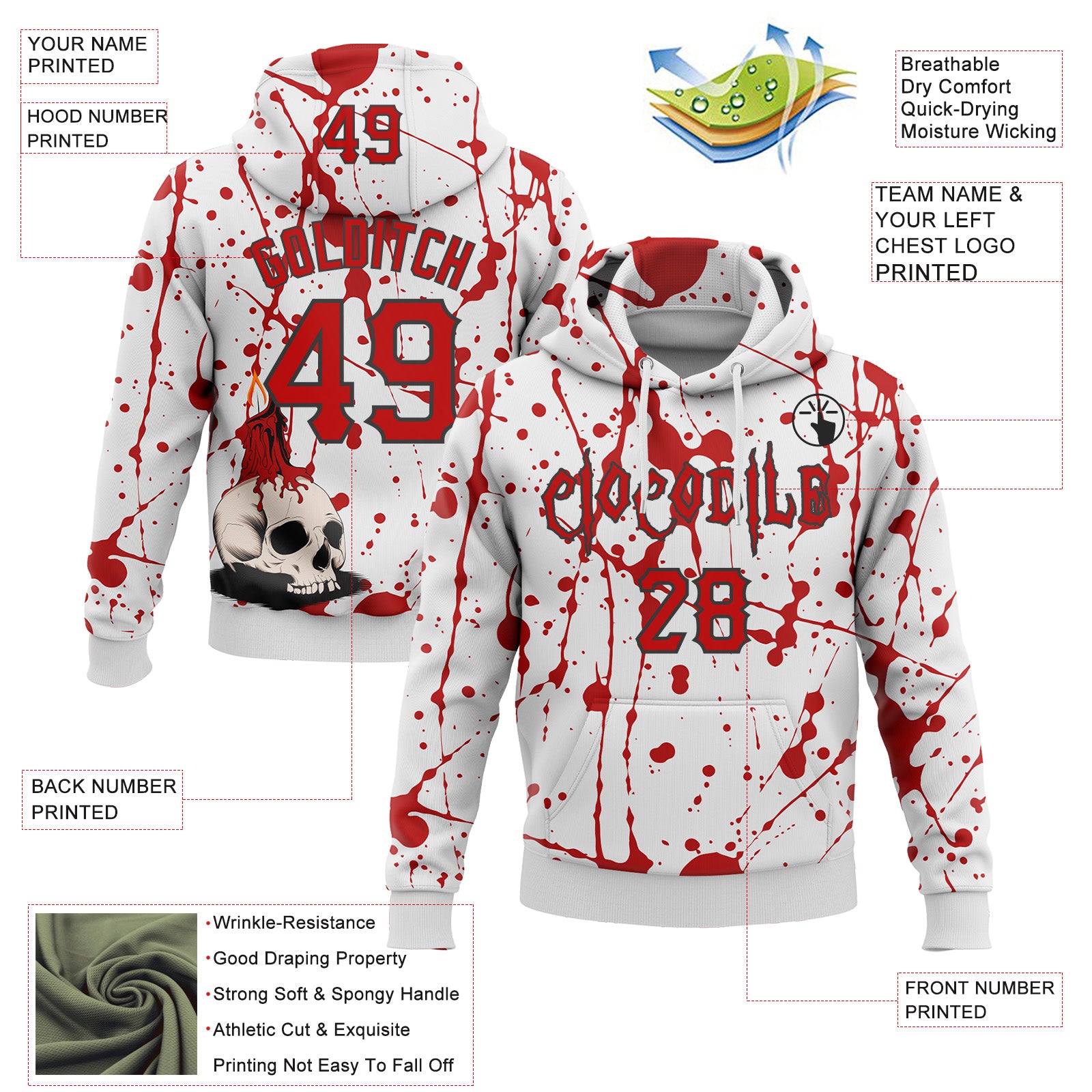 Custom White Red-Black 3D Halloween Skull Party Costume Ideas Sports Pullover Sweatshirt Hoodie