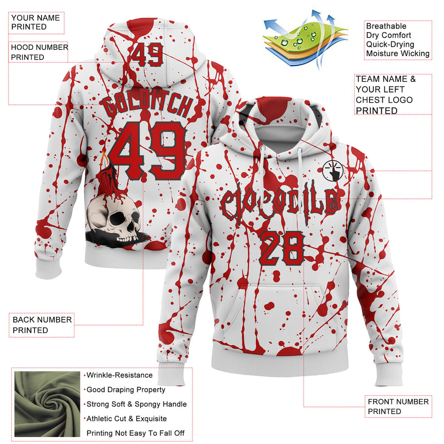 Custom White Red-Black 3D Halloween Skull Party Costume Ideas Sports Pullover Sweatshirt Hoodie