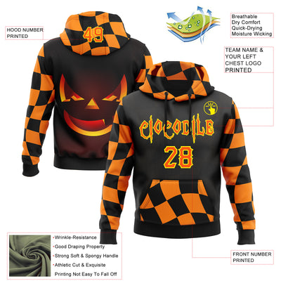 Custom Black Orange-Light Yellow 3D Halloween Checkboard Pumpkin Party Costume Ideas Sports Pullover Sweatshirt Hoodie