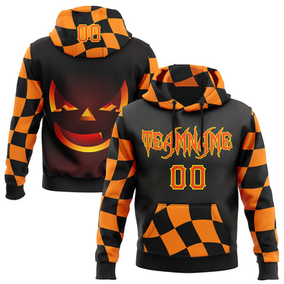 Custom Black Orange-Light Yellow 3D Halloween Checkboard Pumpkin Party Costume Ideas Sports Pullover Sweatshirt Hoodie
