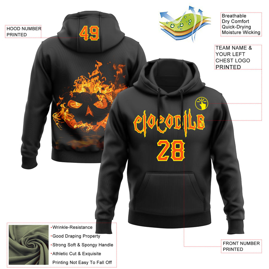 Custom Black Orange-Light Yellow 3D Halloween Flame Pumpkin Party Costume Ideas Sports Pullover Sweatshirt Hoodie