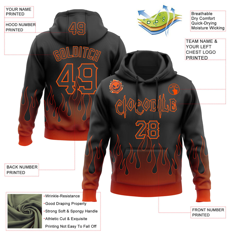Custom Black Orange 3D Halloween Flame Pumpkin Party Costume Ideas Sports Pullover Sweatshirt Hoodie