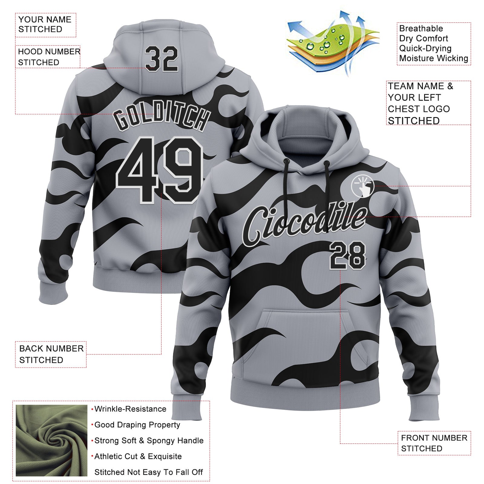 Custom Stitched Gray Black-White 3D Pattern Design Sportswear Pullover Sweatshirt Hoodie