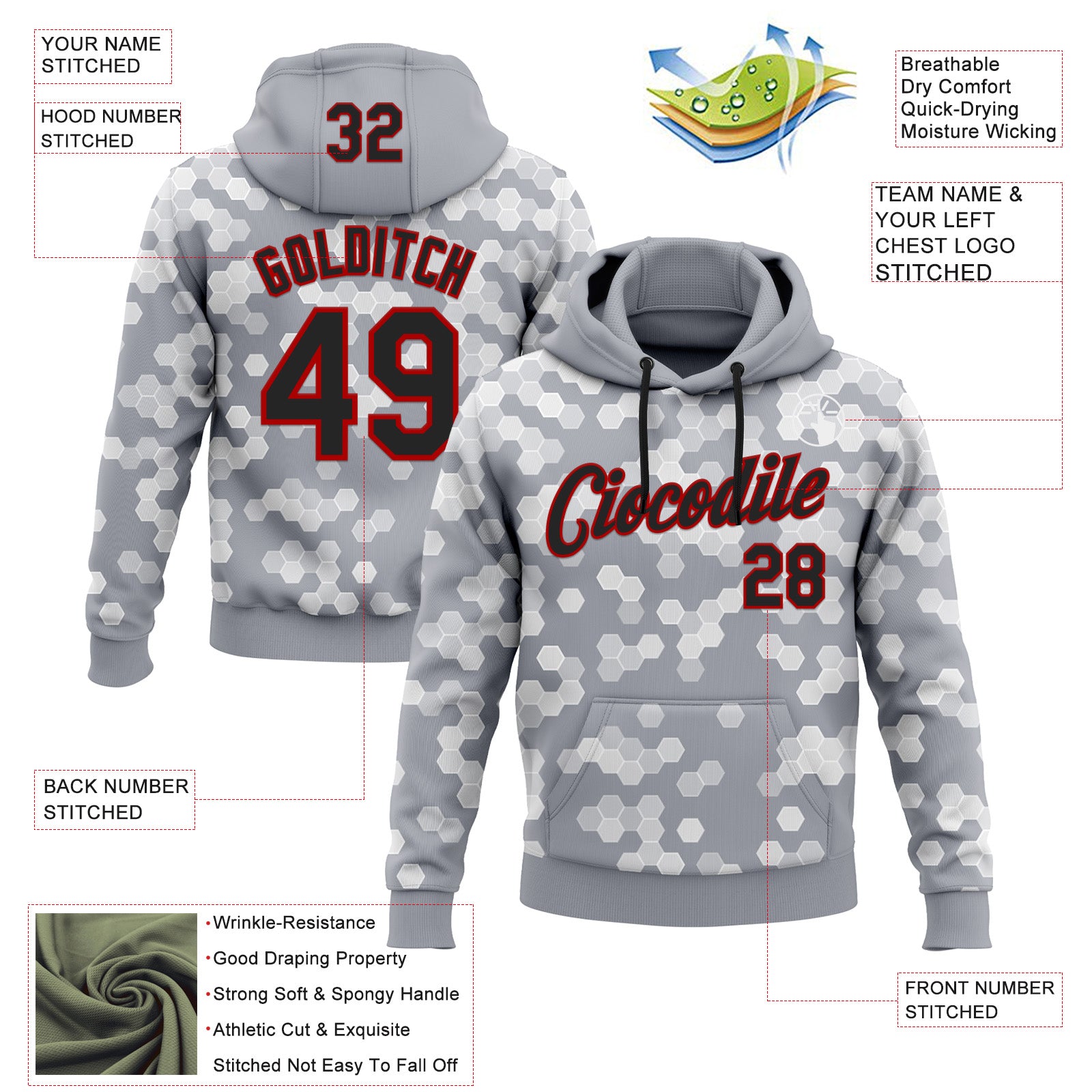 Custom Stitched Gray Black-Red 3D Pattern Design Sportswear Pullover Sweatshirt Hoodie