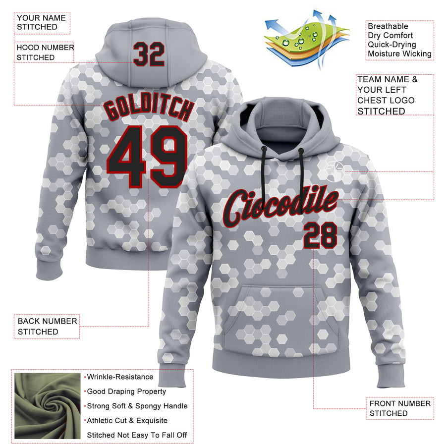 Custom Stitched Gray Black-Red 3D Pattern Design Sportswear Pullover Sweatshirt Hoodie
