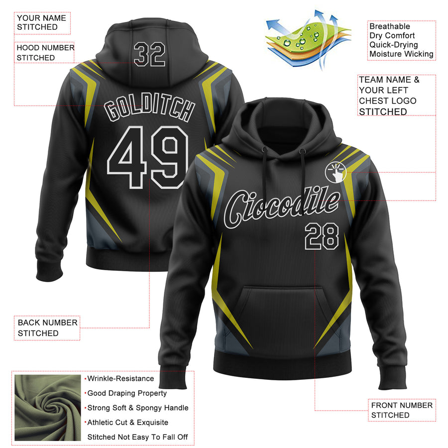 Custom Stitched Black Yellow-White 3D Pattern Design Sportswear Pullover Sweatshirt Hoodie