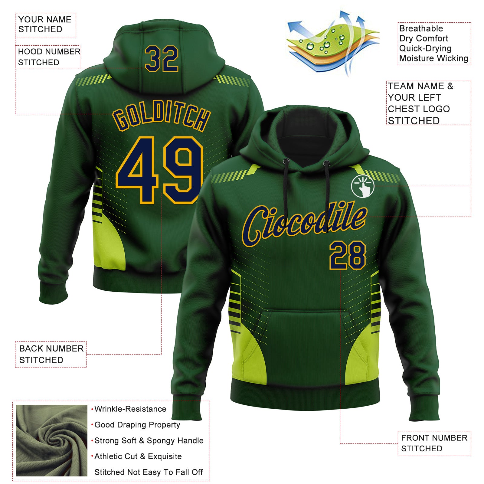 Custom Stitched Green Navy-Gold 3D Pattern Design Sportswear Pullover Sweatshirt Hoodie