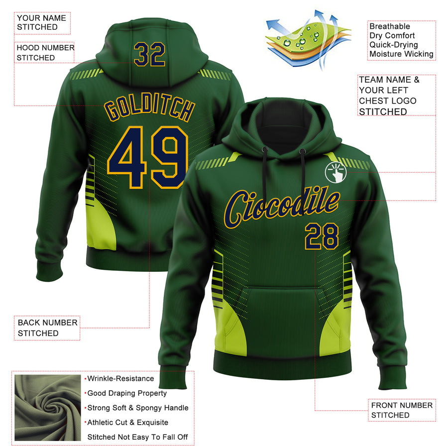 Custom Stitched Green Navy-Gold 3D Pattern Design Sportswear Pullover Sweatshirt Hoodie