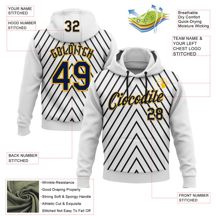 Custom Stitched White Navy Black-Gold 3D Pattern Design Sportswear Pullover Sweatshirt Hoodie
