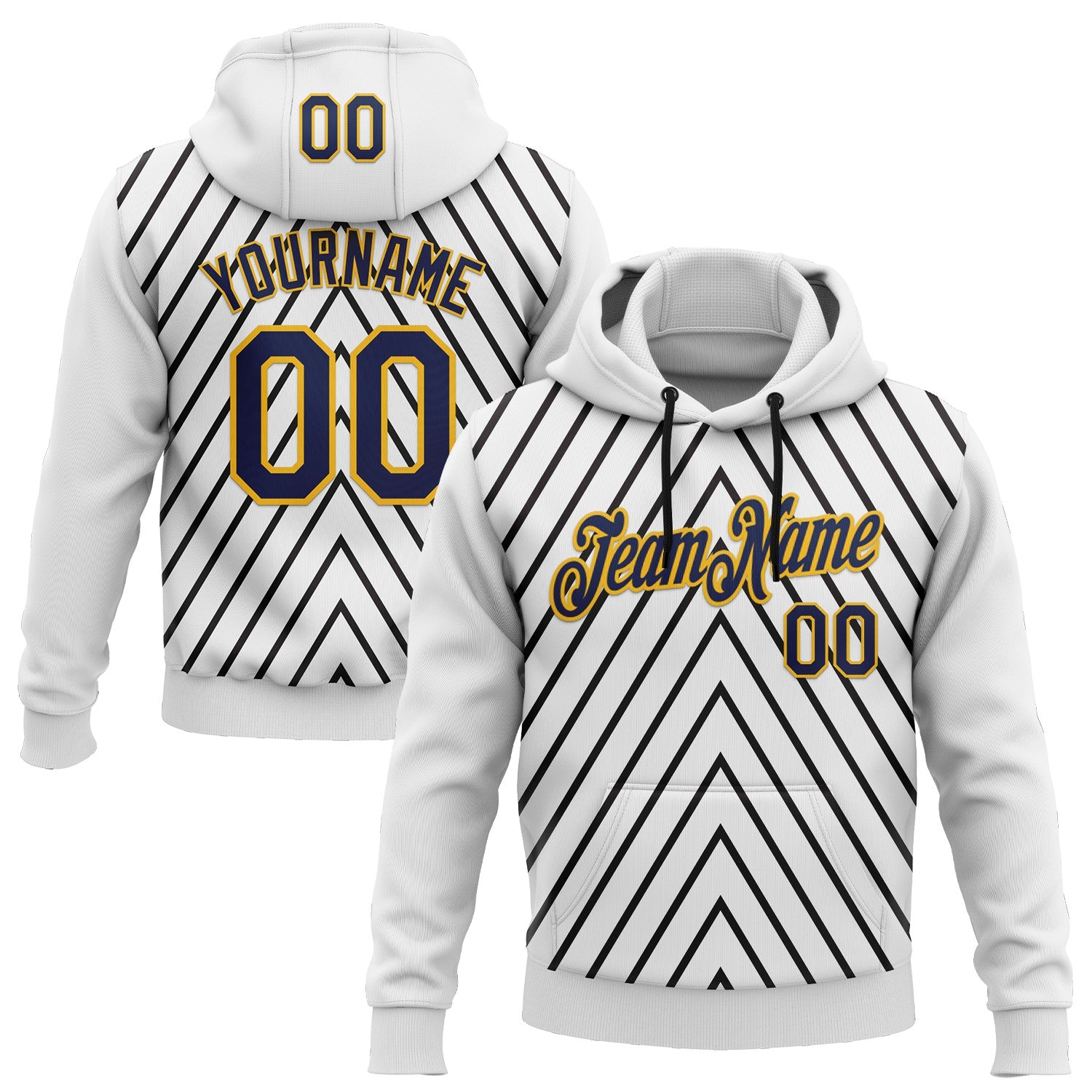 Custom Stitched White Navy Black-Gold 3D Pattern Design Sportswear Pullover Sweatshirt Hoodie