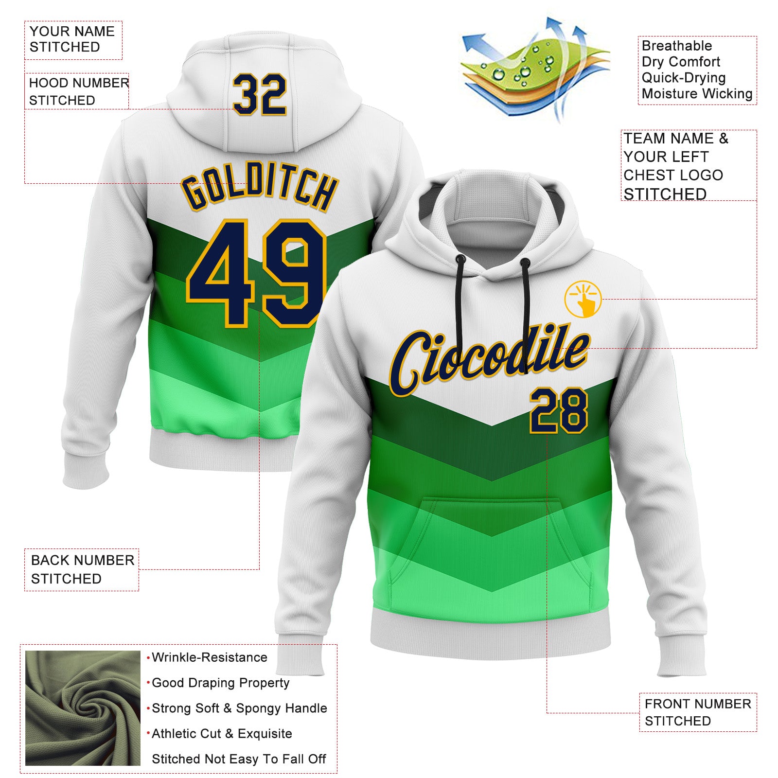 Custom Stitched White Navy Green-Gold 3D Pattern Design Sportswear Pullover Sweatshirt Hoodie