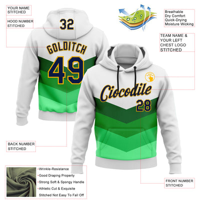 Custom Stitched White Navy Green-Gold 3D Pattern Design Sportswear Pullover Sweatshirt Hoodie