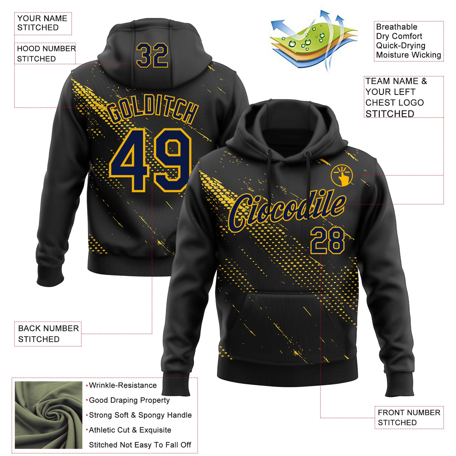 Custom Stitched Black Navy-Gold 3D Pattern Design Sportswear Pullover Sweatshirt Hoodie