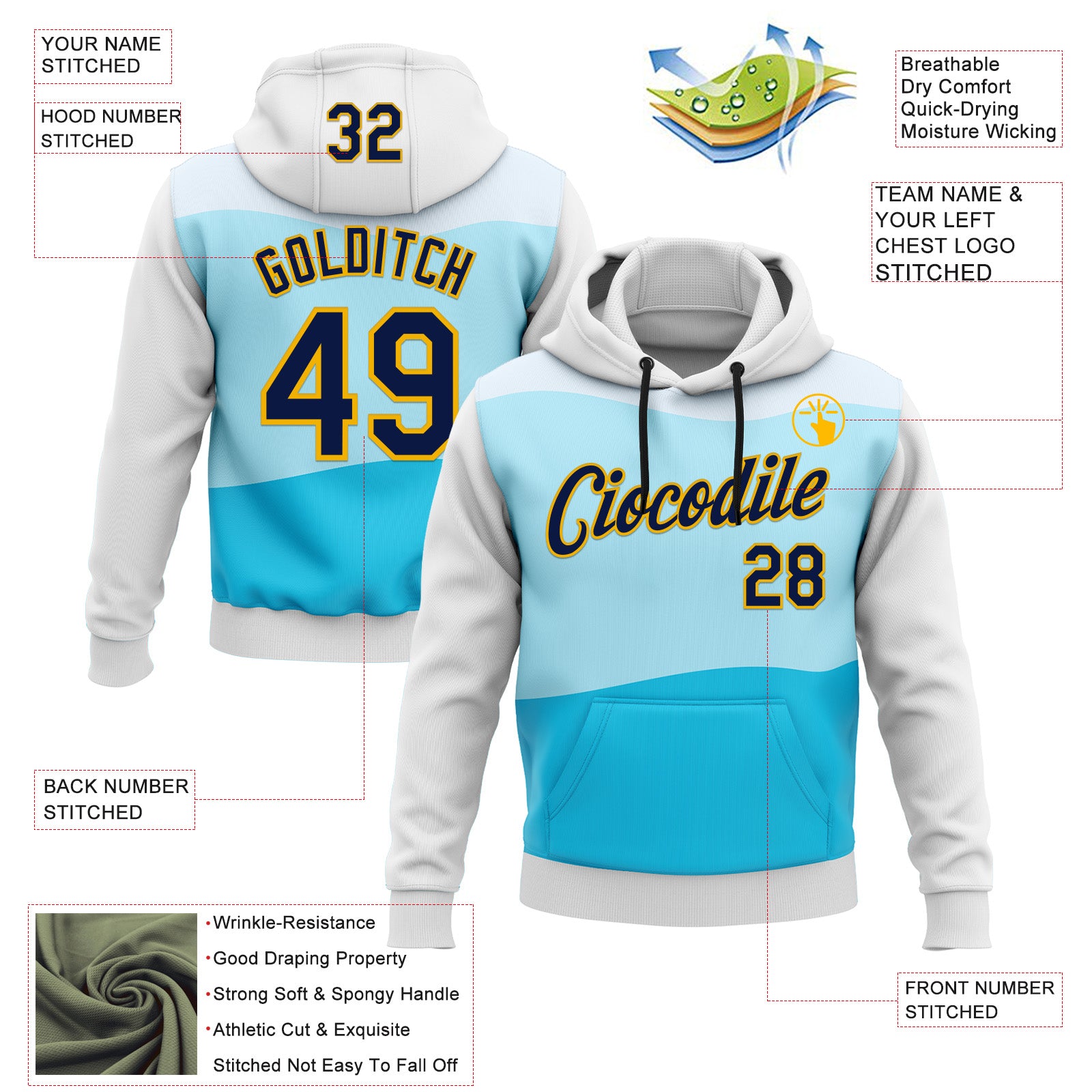 Custom Stitched Black Navy Blue-Gold 3D Pattern Design Sportswear Pullover Sweatshirt Hoodie