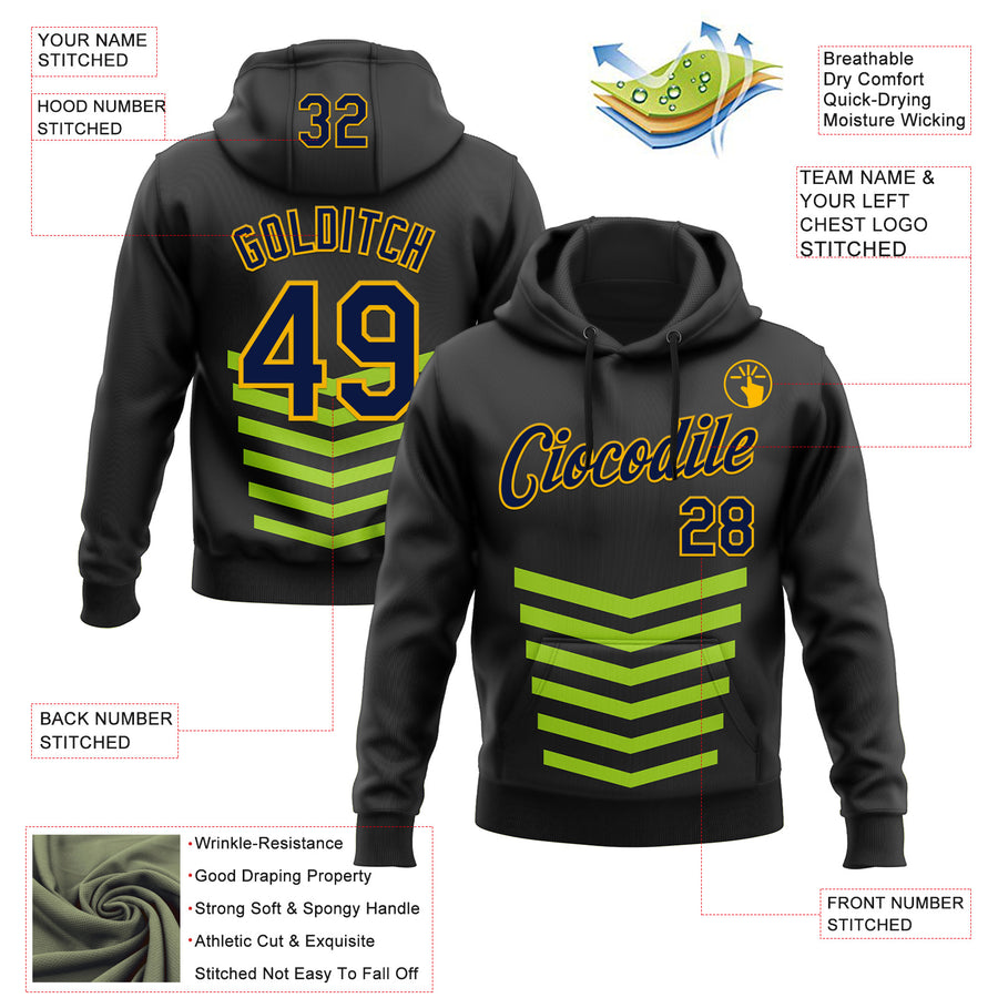 Custom Stitched Black Green-Gold 3D Pattern Design Sportswear Pullover Sweatshirt Hoodie