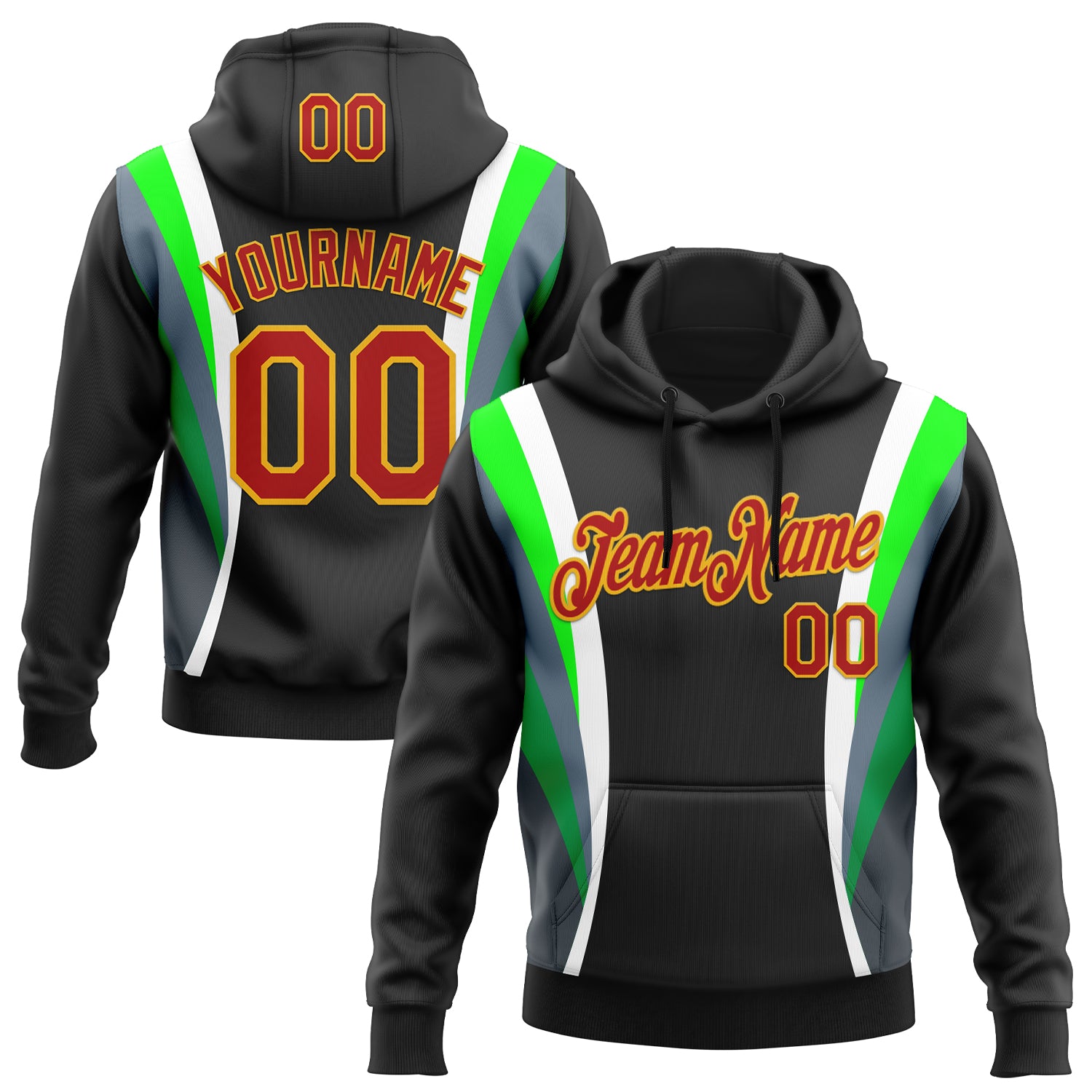 Custom Stitched Black Red White Green-Gold 3D Pattern Design Sportswear Pullover Sweatshirt Hoodie