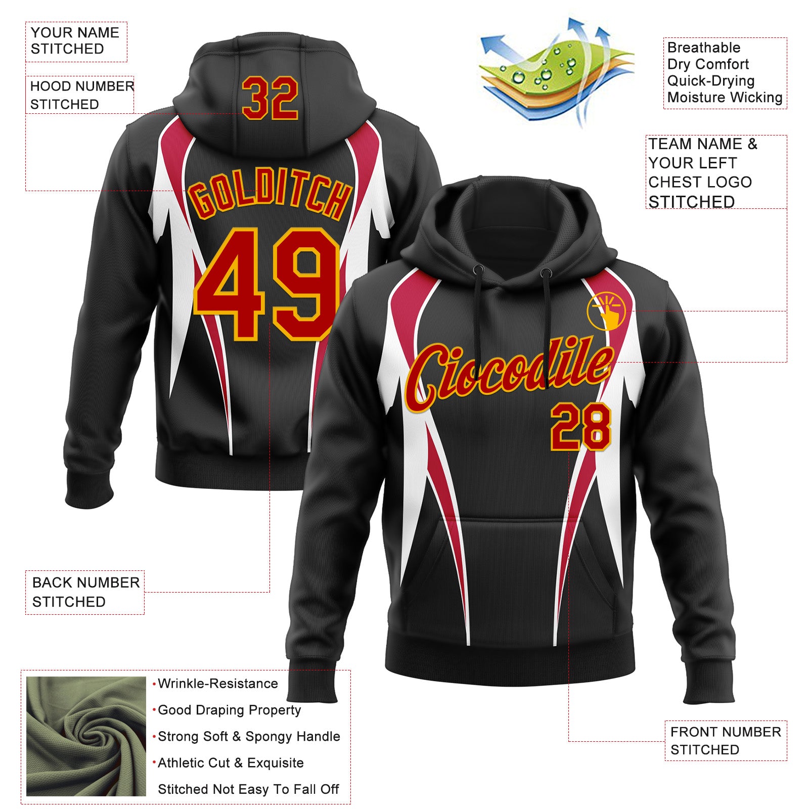 Custom Stitched Black Red White-Gold 3D Pattern Design Sportswear Pullover Sweatshirt Hoodie