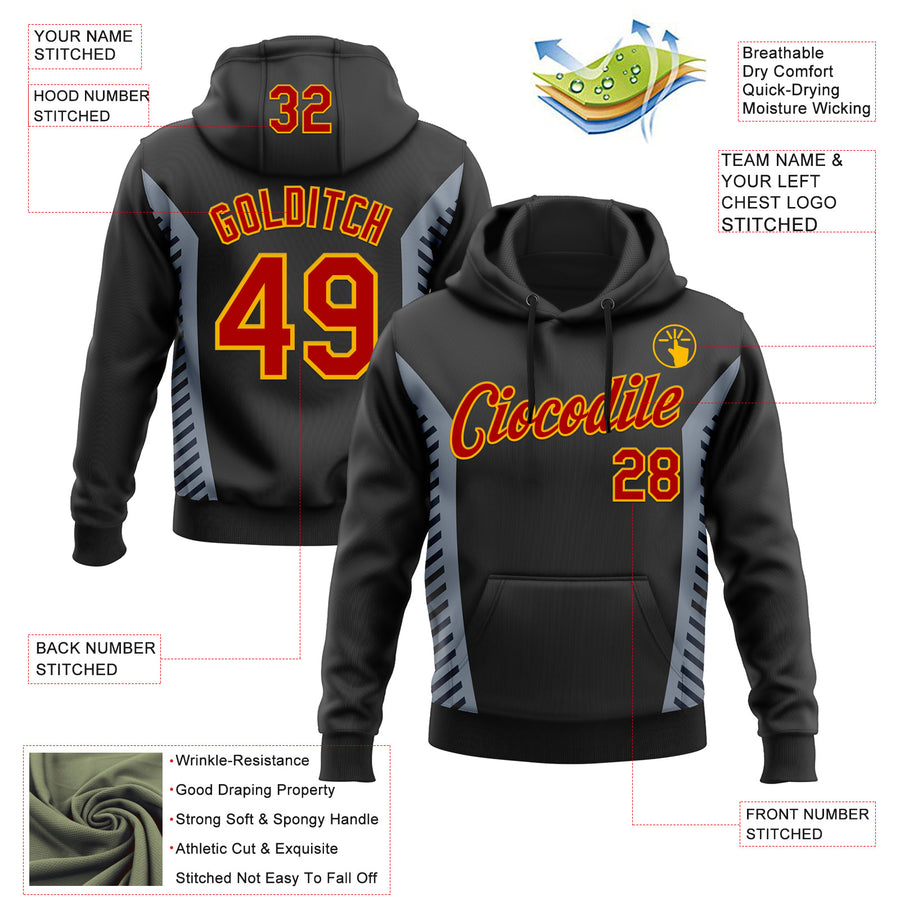 Custom Stitched Black Red Gray-Gold 3D Pattern Design Sportswear Pullover Sweatshirt Hoodie