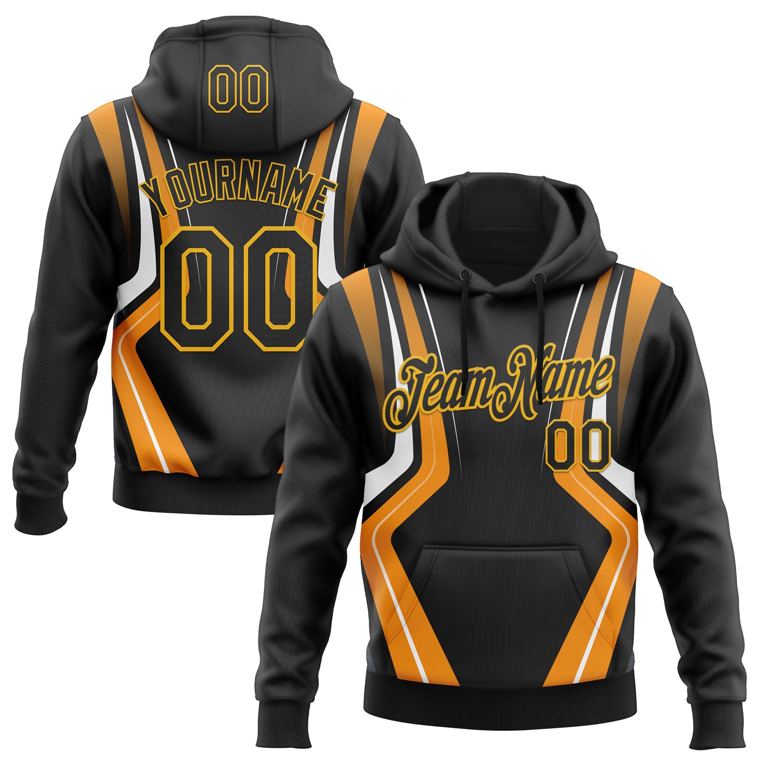 Custom Stitched Black Orange White-Gold 3D Pattern Design Sportswear Pullover Sweatshirt Hoodie