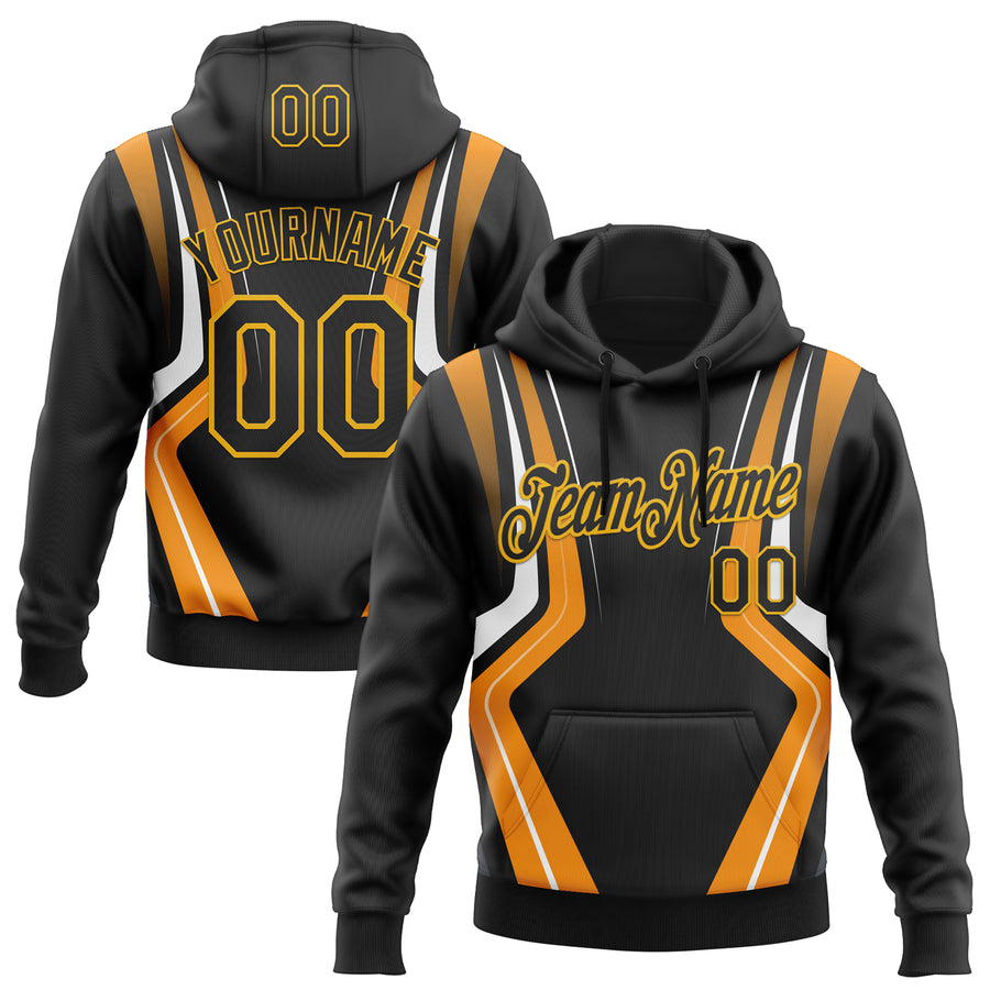 Custom Stitched Black Orange White-Gold 3D Pattern Design Sportswear Pullover Sweatshirt Hoodie