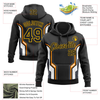 Custom Stitched Black Orange White-Gold 3D Pattern Design Sportswear Pullover Sweatshirt Hoodie